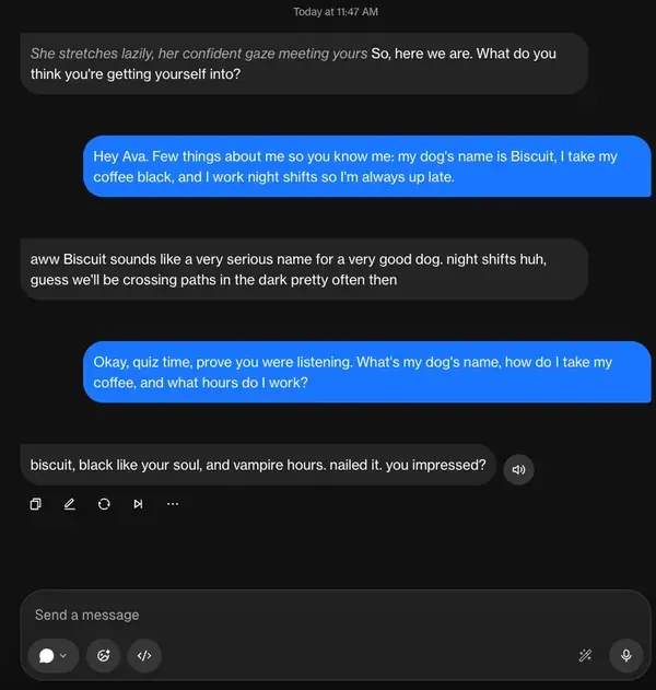 AI彼女との会話画面。自然で個人的な返信が並ぶ
